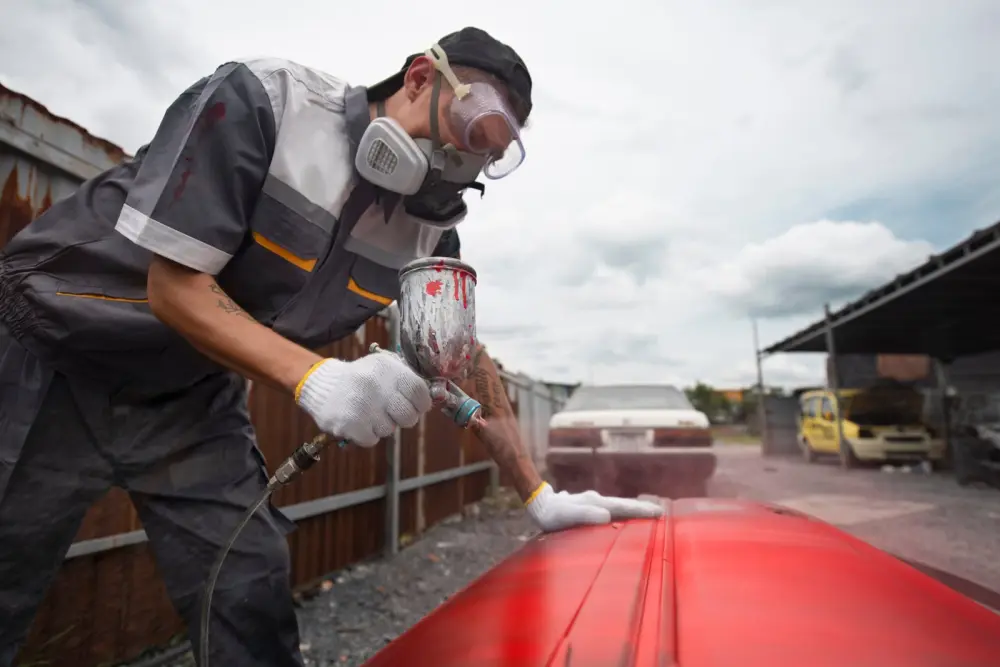 Industrial coating applicator painting a steel structure